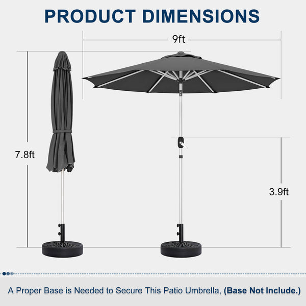 Allgoodsmarketstore 9FT Aluminum Patio Umbrella, Fade-Resistant with Push Tilt, 8 Sturdy Aluminum Ribs Grey