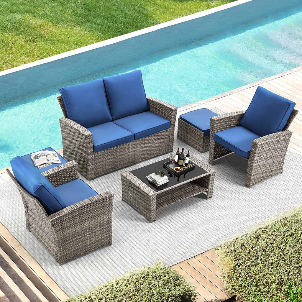 Allgoodsmarketstore 6 Pcs Patio Furniture Set with Ottoman and Storage Table, Blue
