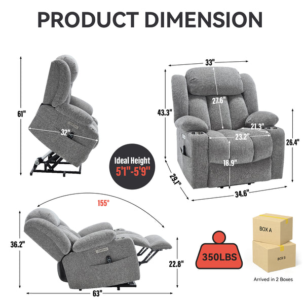Allgoodsmarketstore Premium Electric Recliner Chair with 8-Point Massage & Heating, Plush Chenille Fabric, Gray