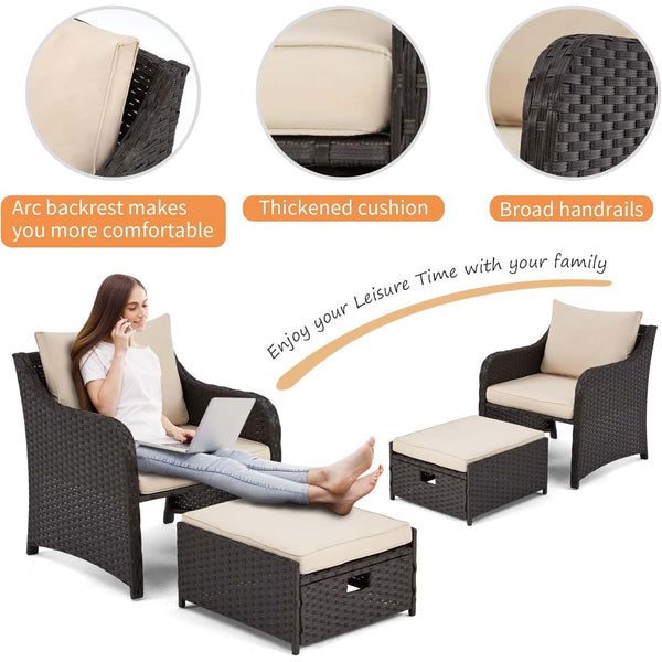 Allgoodsmarketstore 5 Pcs Outdoor Wicker Chair Set with Ottomans and Coffee Table, Khaki