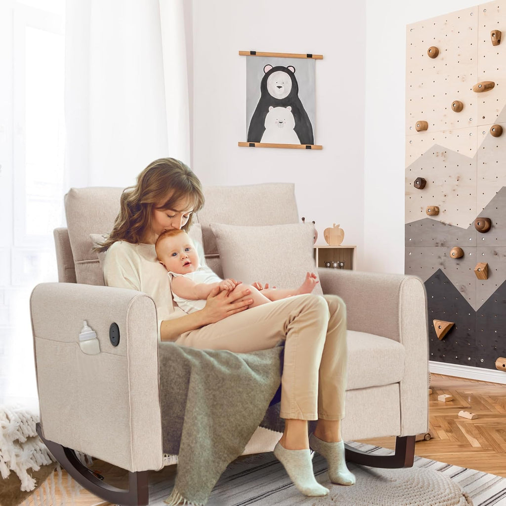 Upholstered Oversize Rocking Chair with Side Pocket USB Port, Beige | Allgoodsmarketstore