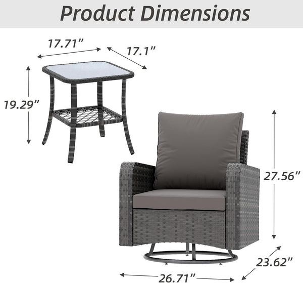 Allgoodsmarketstore 3 Piece Outdoor Swivel Chairs -All Weather Wicker Patio Bistro Table and Chairs Set, Grey