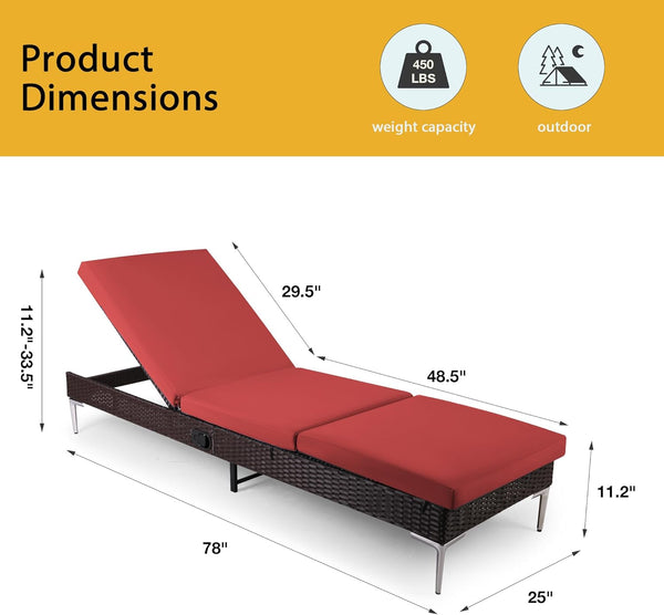 Allgoodsmarketstore Outdoor Chaise Lounge Chair Set of 2 with Adjustable Backrest, Burgundy