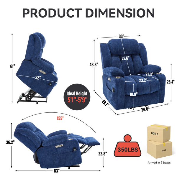 Allgoodsmarketstore Premium Electric Recliner Chair with 8-Point Massage & Heating, Plush Chenille Fabric, Blue