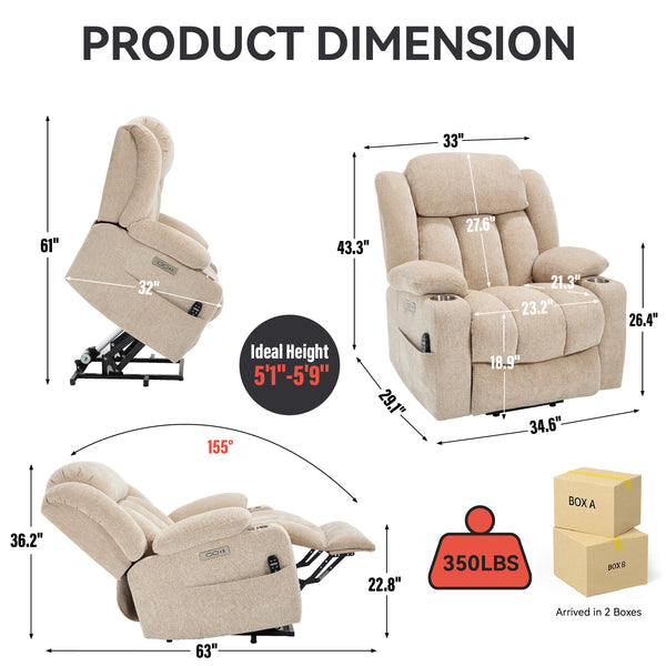 Allgoodsmarketstore Premium Electric Recliner Chair with 8-Point Massage & Heating, Plush Chenille Fabric, Brown