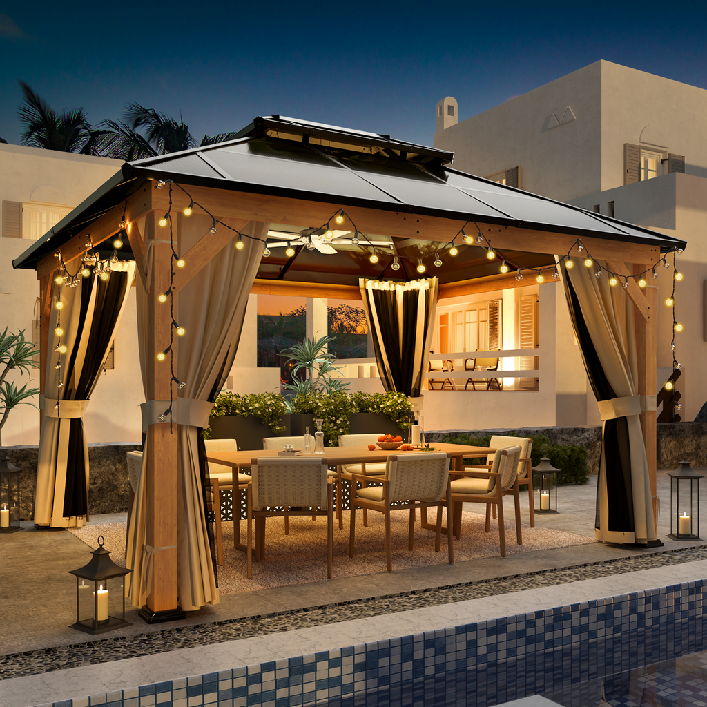 Allgoodsmarketstore 11'x 13' Hardtop Gazebo, Wood Outdoor Gazebo, Polycarbonate Double Roof, Netting and Curtains, Patio Gazebo