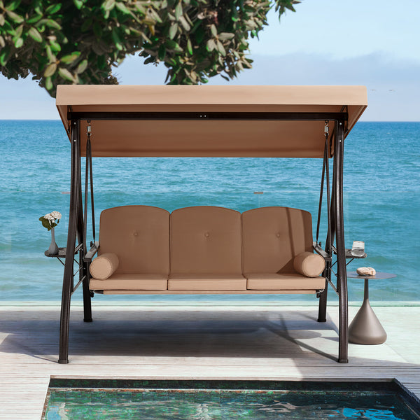 3-Seat Outdoor Porch Swing with Adjustable Canopy and Backrest, Brown | Allgoodsmarketstore furniture