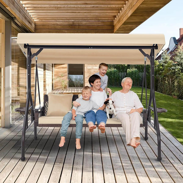 Allgoodsmarketstore 3-Person Outdoor Wicker Porch Swing with Adjustable Canopy Backyard, Khaki