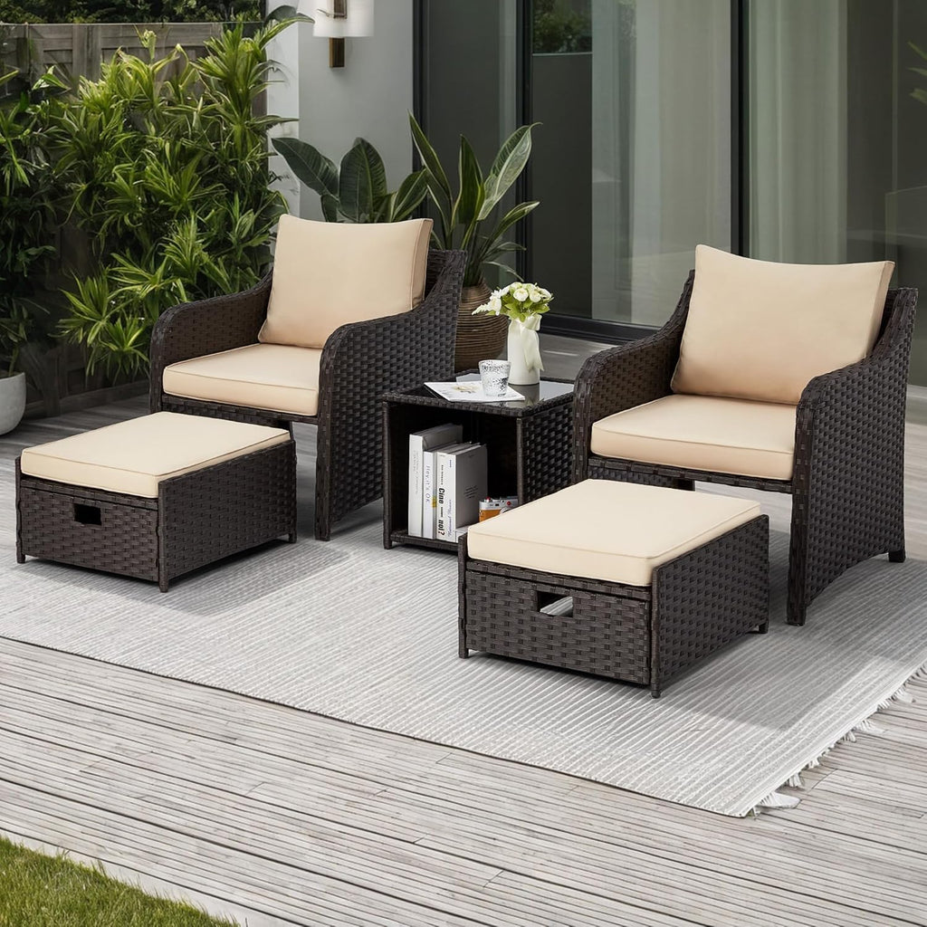 Allgoodsmarketstore 5 Pcs Outdoor Wicker Chair Set with Ottomans and Coffee Table, Khaki
