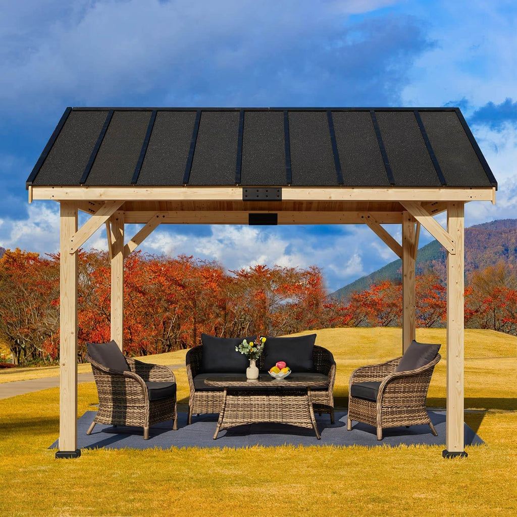 Allgoodsmarketstore 11x 12 Hardtop Gazebo, Solid Spruce Wood Gazebo with Waterproof Asphalt Roof, for Lawns, Beach, Patio, Garden