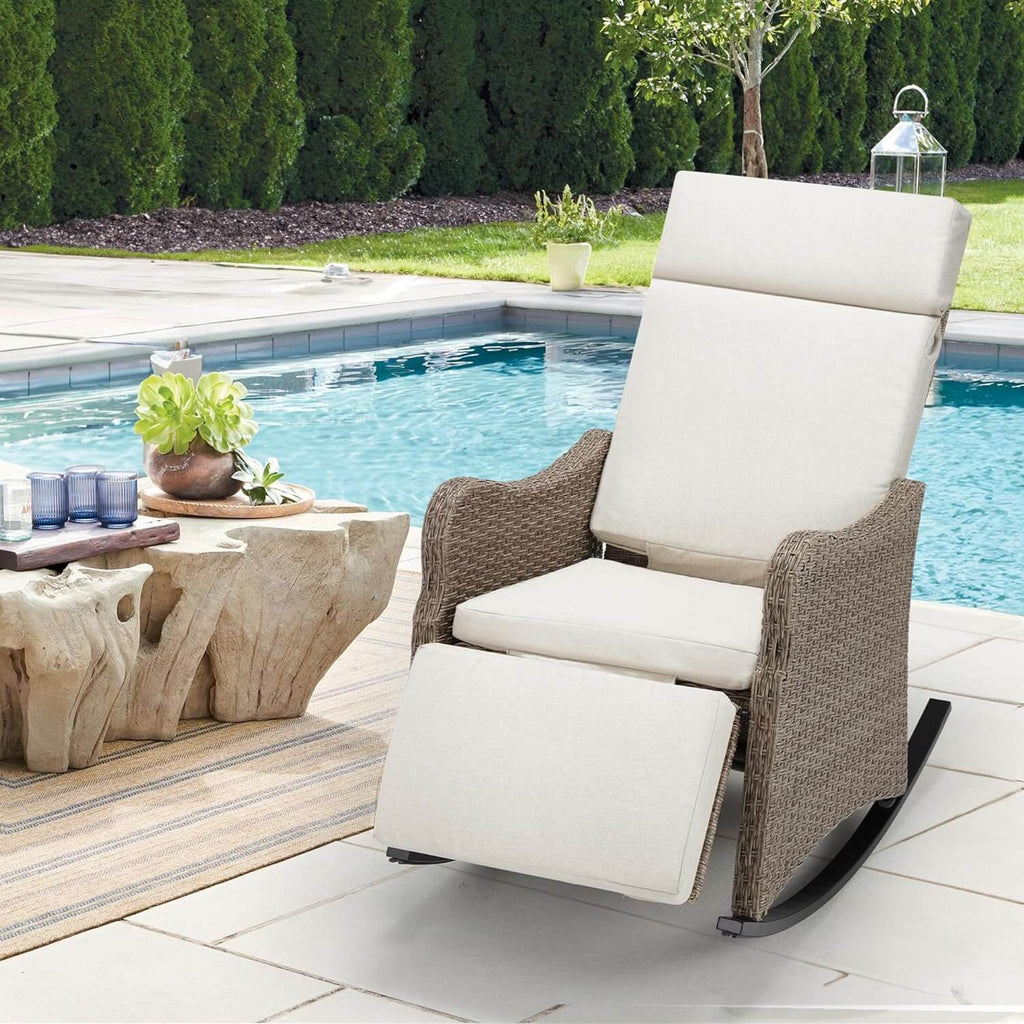 Allgoodsmarketstore Outdoor Recliner Chair, Rattan Wicker Rocking Chair with Removable Cushion, Beige