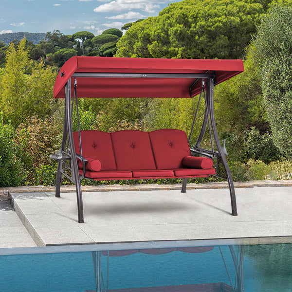 3-Seat outdoor patio swing with adjustable canopy and backrest, wine red | Allgoodsmarketstore furniture