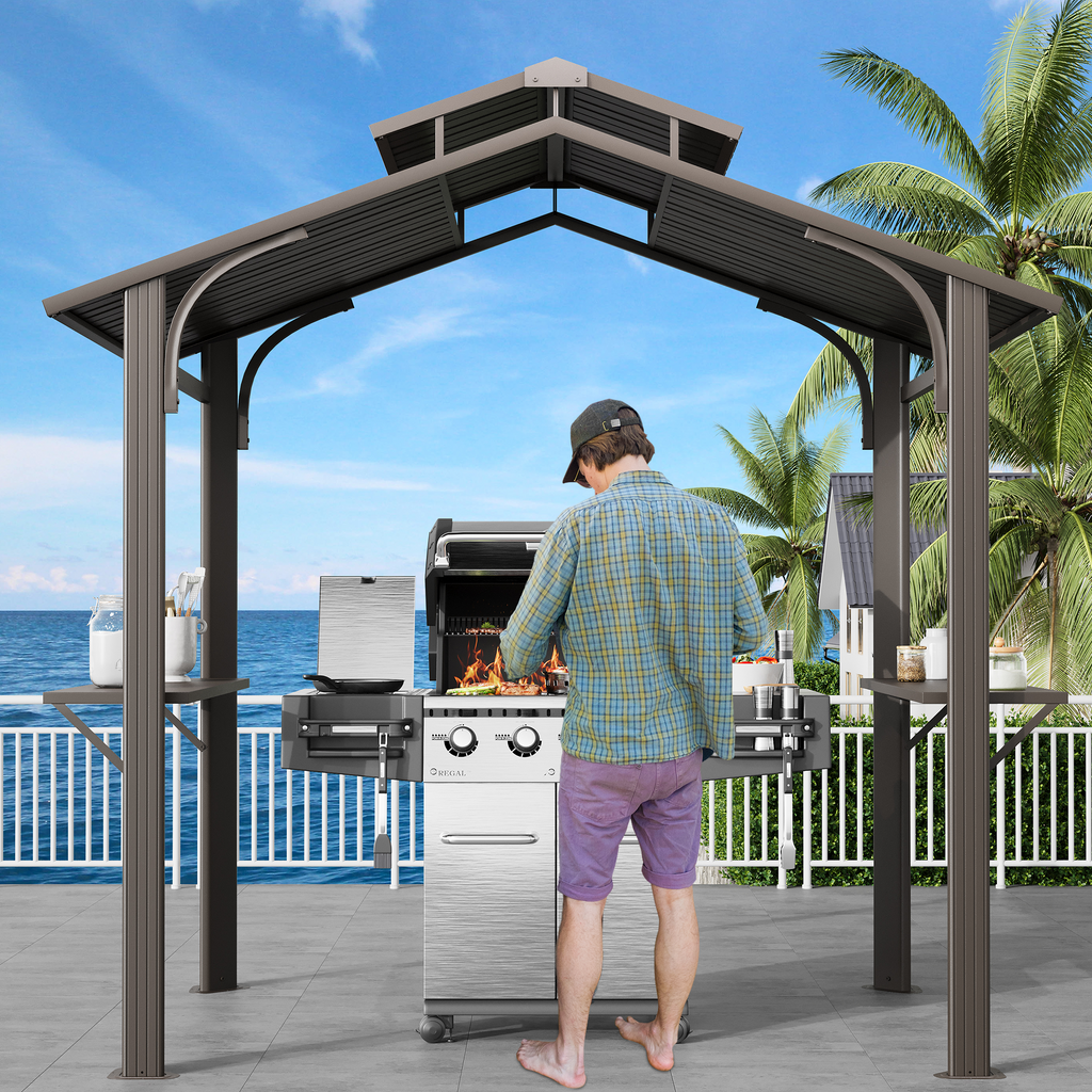 Allgoodsmarketstore 8' x 5' Hardtop Grill Gazebo with 2 Side Shelves, Bottle Opener, and Galvanized Steel Double Roof, Brown