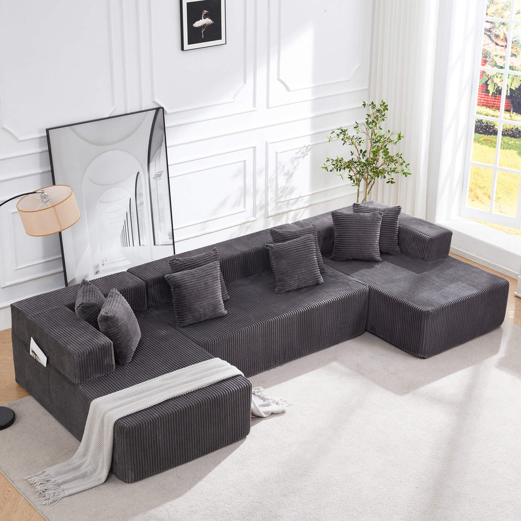 Allgoodsmarketstore 131" Oversize Corduroy Deep Seat Modular Sectional Couch, Large U-Shaped Floor Sofa for Living Room & Apartment, Gray