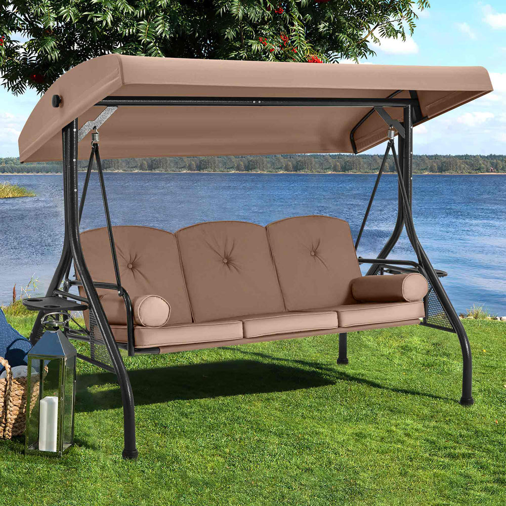 3-Seat Outdoor Porch Swing with Adjustable Canopy and Backrest, Brown | Allgoodsmarketstore Furniture