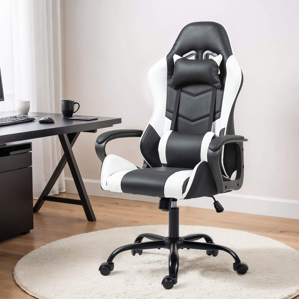 Allgoodsmarketstore Gaming Chair, Ergonomic Computer Gamer Chair with Massage Lumbar Support & Rocking High Back, Height Adjustable, White