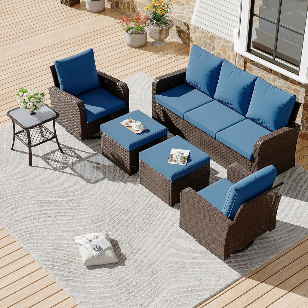 Allgoodsmarketstore 6 Piece Patio Conversation Sets with Sofa Couch, Rattan Wicker Swivel Chairs with 2 Ottoman, Coffee Table & Cushions, Navy