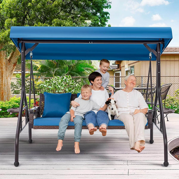 Allgoodsmarketstore 3-Person Outdoor Wicker Porch Swing with Adjustable Canopy Backyard, Blue