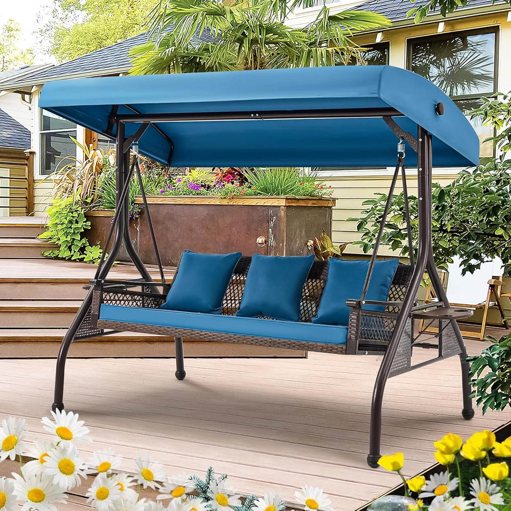 Allgoodsmarketstore 3-Person Outdoor Wicker Porch Swing with Adjustable Canopy Backyard, Blue