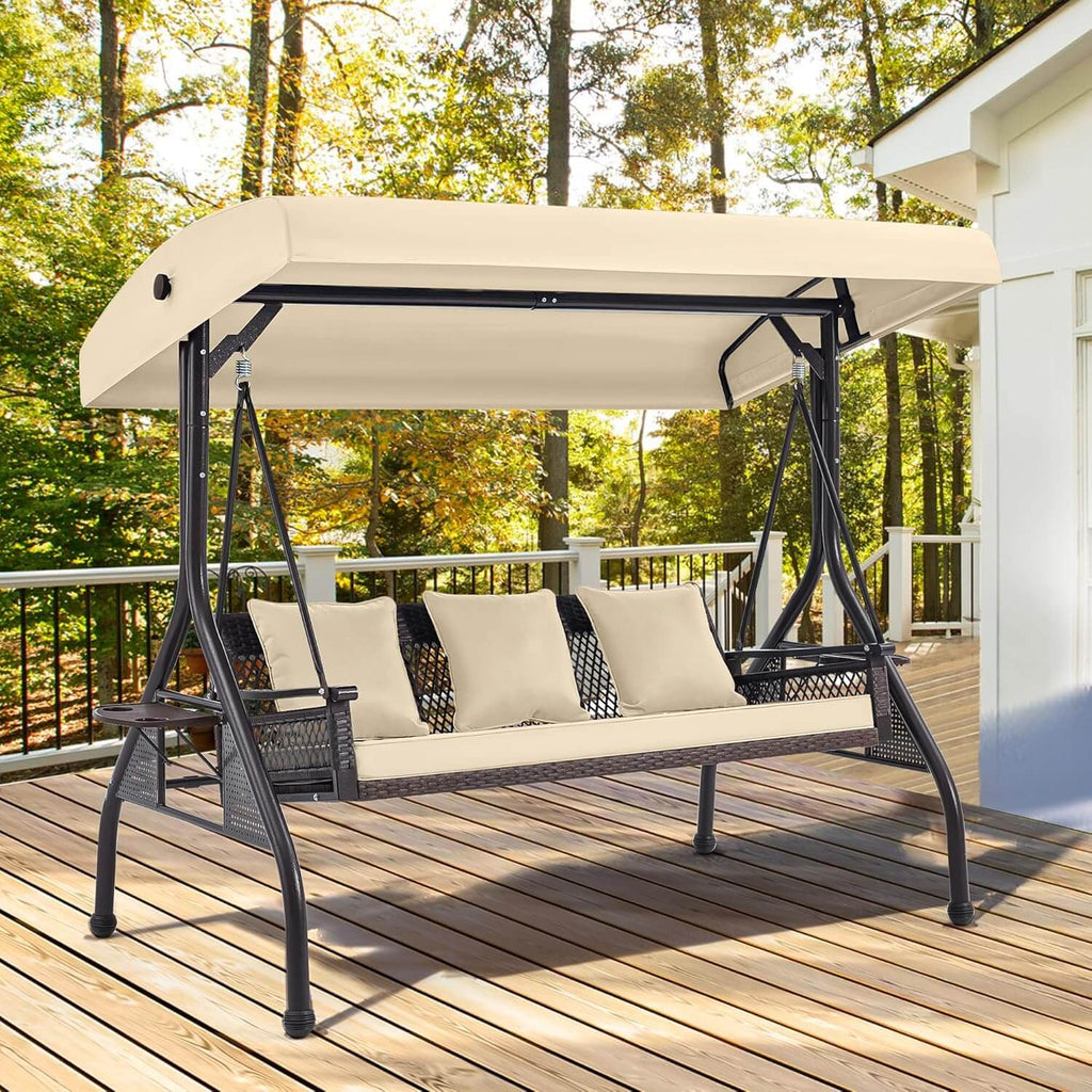 Allgoodsmarketstore 3-Person Outdoor Wicker Porch Swing with Adjustable Canopy Backyard, Khaki