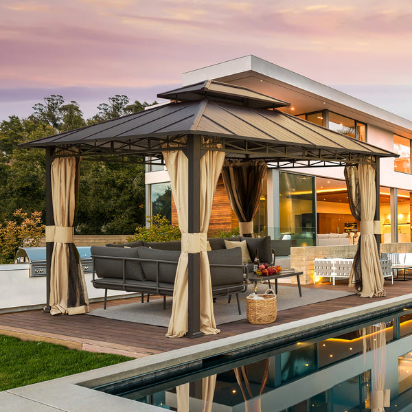 Allgoodsmarketstore 10' x 12' Iron Gazebo Hardtop Double Roof w/ Anti-Rust Coating Frame, Waterproof Curtains & Netting