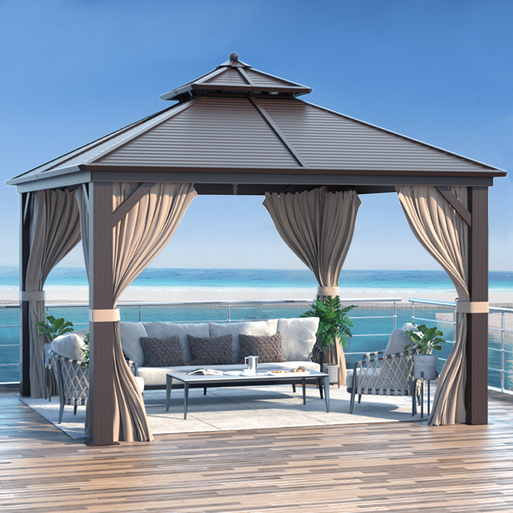 Allgoodsmarketstore 12'x12' Hardtop Gazebo Canopy Galvanized Steel Pergolas with Netting & Curtains - Allgoodsmarketstore