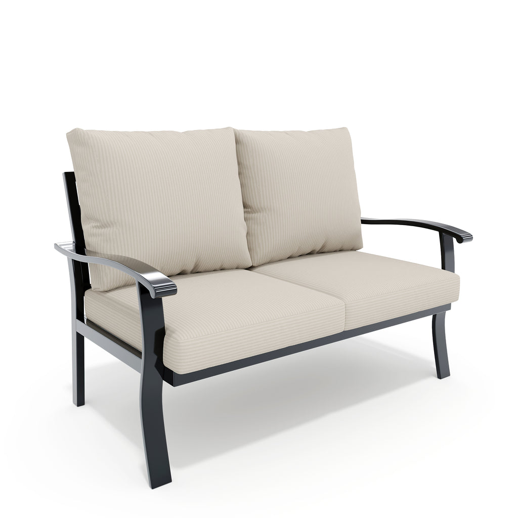 Two-seater outdoor sofa with beige cushions on a white background