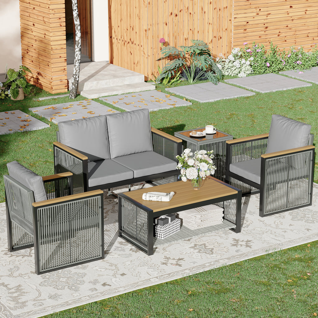 Allgoodsmarketstore 5 Pieces Outdoor Metal Furniture Set with Coffee Table & Side Table, Grey