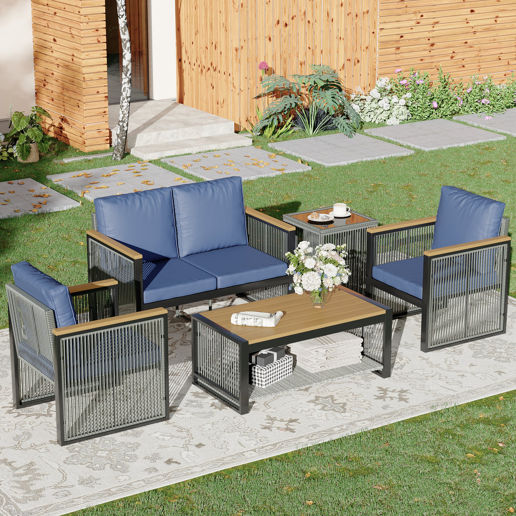 Allgoodsmarketstore 5 Pieces Outdoor Metal Furniture Set with Coffee Table & Side Table, Blue