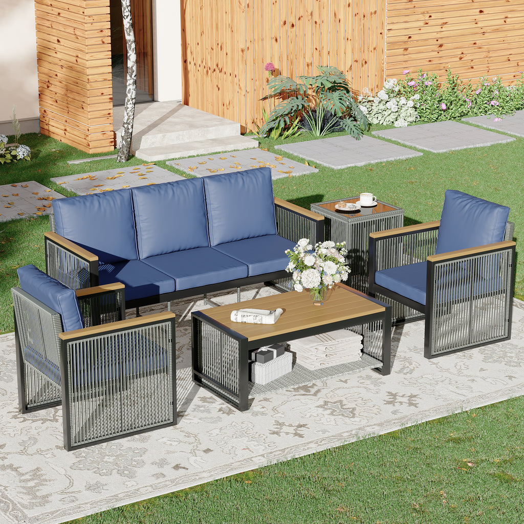 Allgoodsmarketstore 5-Piece Outdoor Sectional Patio Conversation Set with 3-seater sofa for Deck, Lawn, Blue