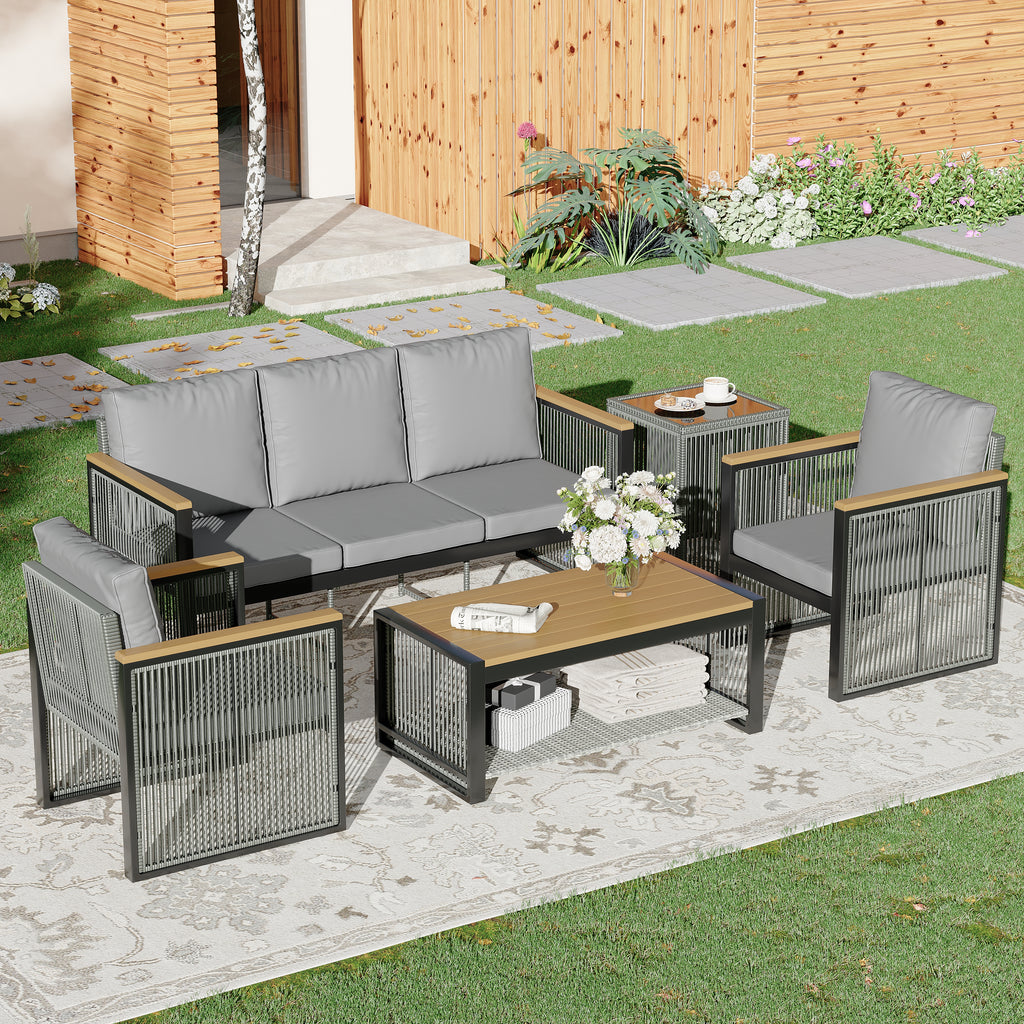 Allgoodsmarketstore 5-Piece Outdoor Sectional Patio Conversation Set with 3-seater sofa for Deck, Lawn, Grey