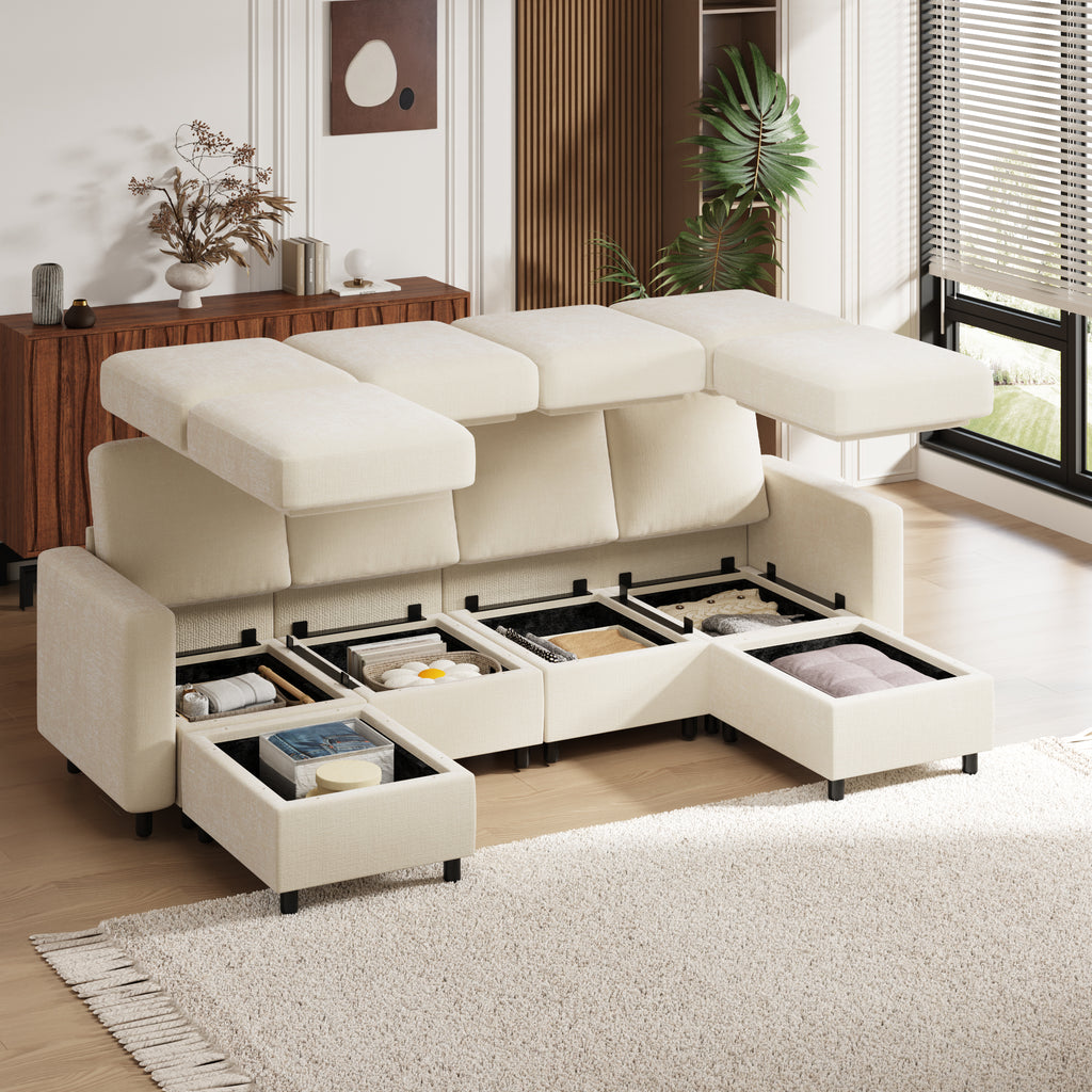 Allgoodsmarketstore 6 Piece Modular Sectional Couch with Storage, 4 Single Seats, 2 ottomans, Beige