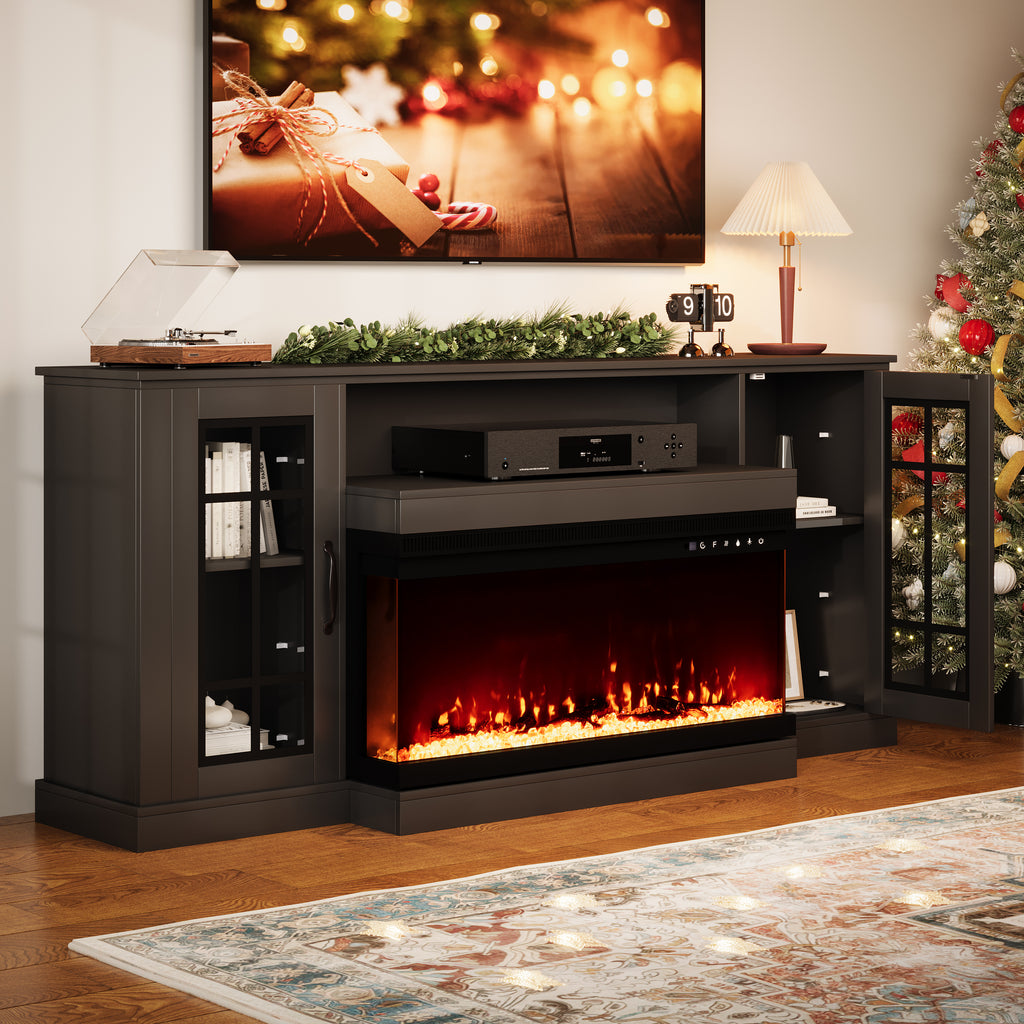 Allgoodsmarketstore 70" 3-Sided Glass Fireplace TV Stand, 12 Color Flames,Fits TVs up to 80",  Black