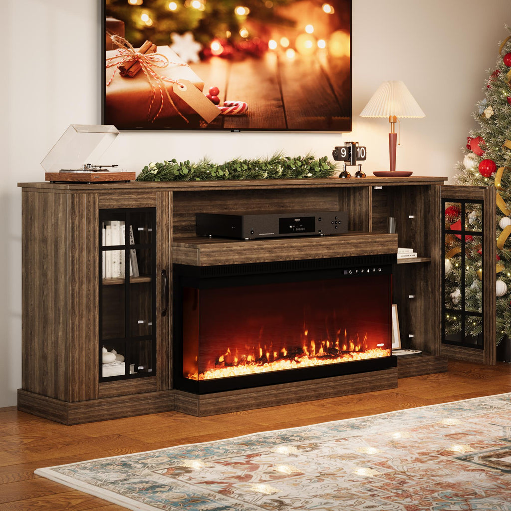 Allgoodsmarketstore 70 Inch 3-Sided Glass Fireplace TV Stand, 12 Color Flames, Fits TVs up to 80", Walnut