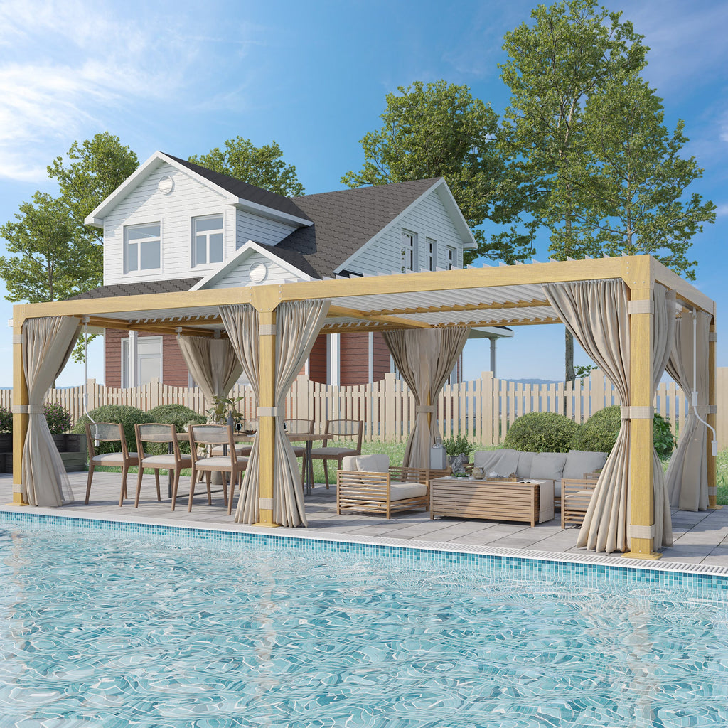 Allgoodsmarketstore Louvered Pergola 12x24 Outdoor Hard Top Pergola with Aluminum Frame and Adjustable Metal Rainproof Roof for Garden & Patio, Curtains and Netting Included, Wood Grain
