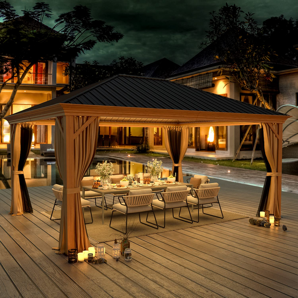 Allgoodsmarketstore 12' x 16' Gazebo Hard-Top Single Roof Canopy,Wood Grain Aluminum Gazebo