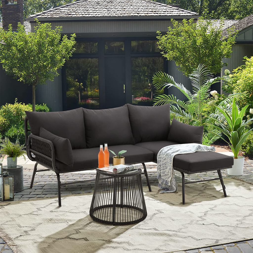 Allgoodsmarketstore 3-Piece L-Shaped Patio Sofa Set with Cushions & Glass Coffee Table, Black