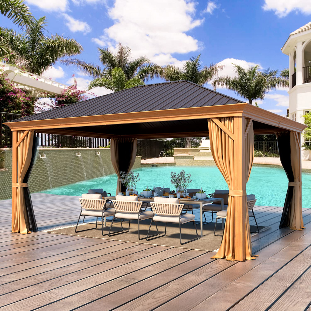 Allgoodsmarketstore 12' x 16' Gazebo Hard-Top Single Roof Canopy,Wood Grain Aluminum Gazebo