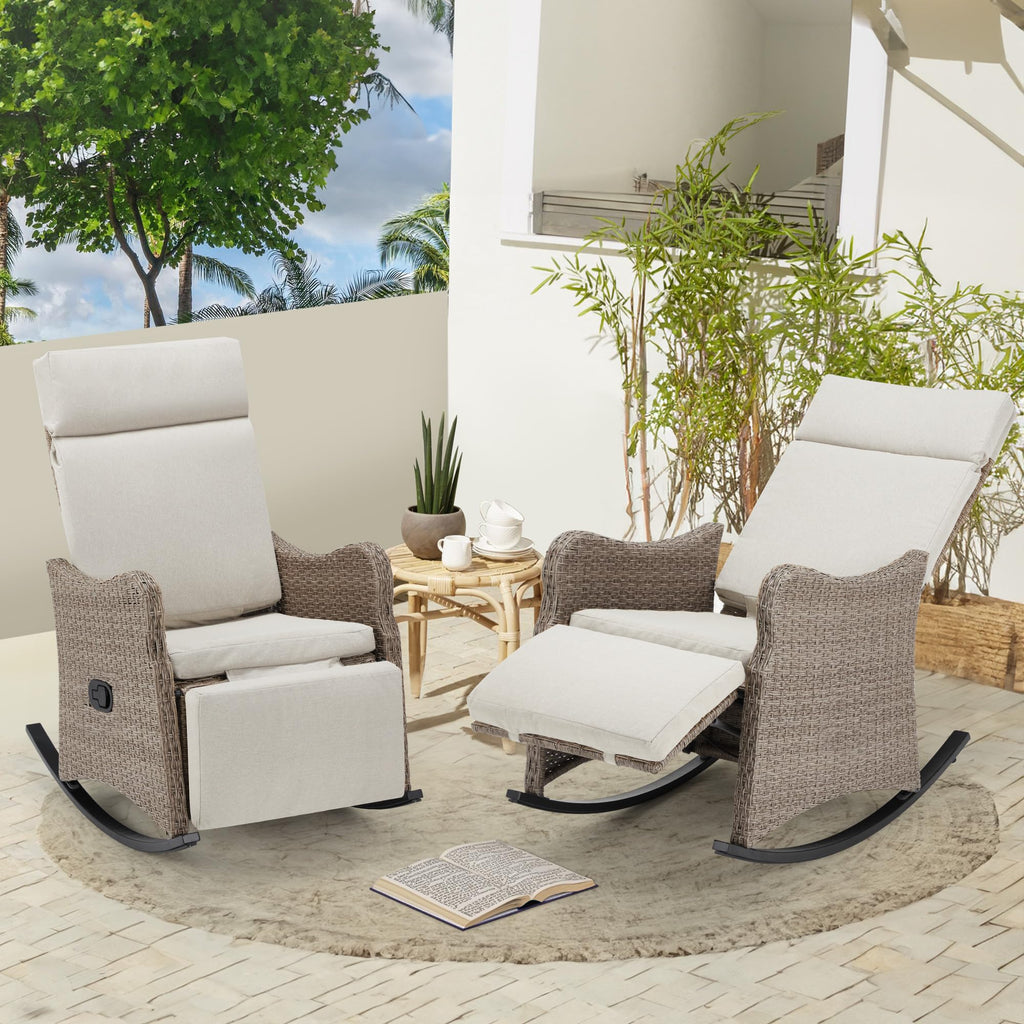 Allgoodsmarketstore Outdoor Recliner Chairs Set of 2, Rattan Wicker Rocking Chair, Beige