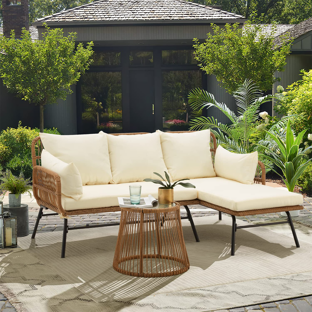Allgoodsmarketstore 3-Piece Patio L-Shaped Sofa Set with Cushions & Glass Coffee Table, White