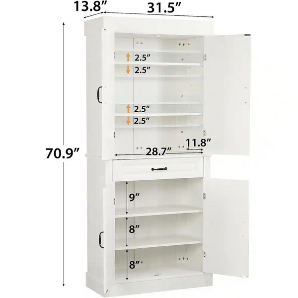 Allgoodsmarketstore 71 inch Freestanding Kitchen Pantry Cabinet, Tall Storage Cabinet with Drawer and Adjustable Shelves, 2-Door Floor Cupboard, White