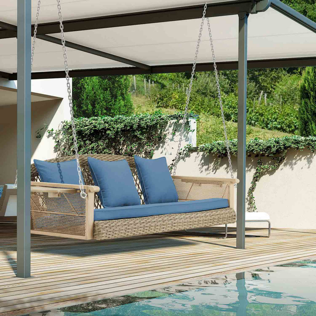  3-Seater Outdoor Wicker Porch Swing with Cup Holders, Blue | Allgoodsmarketstore Furniture