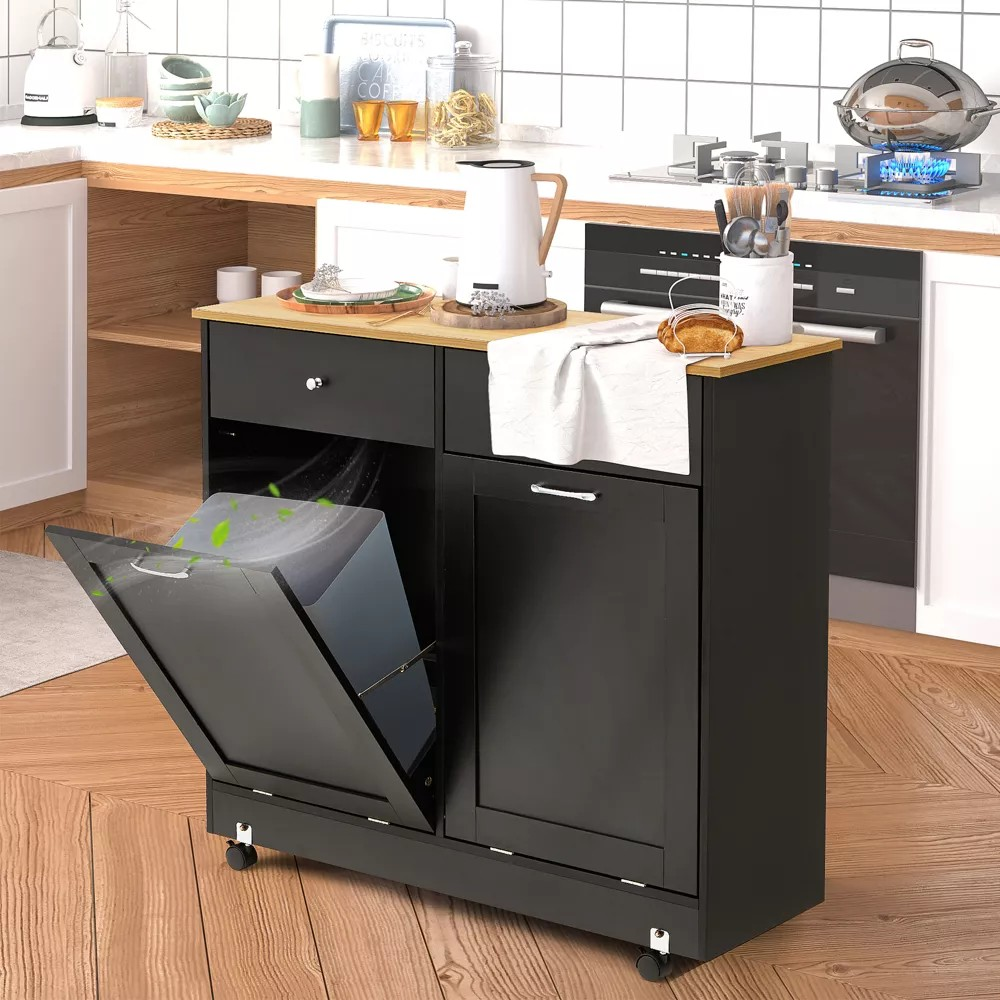 Allgoodsmarketstore Double Tilt Trash Cabinet with 2 Drawers, Trash Cabinet with Storage on Wheels, Black