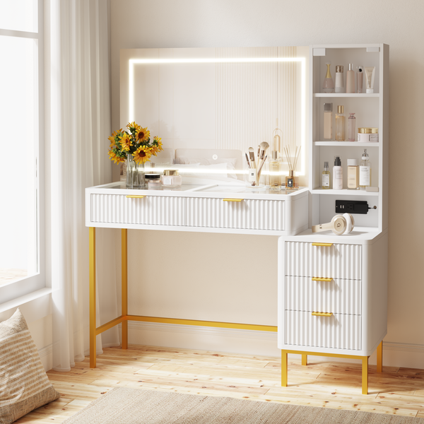 Allgoodsmarketstore Fluted Makeup Vanity Desk with Mirror, Lights,5 Drawers, 3 Storage Shelves and Charging Station, White Gold