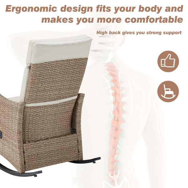 Allgoodsmarketstore Outdoor Recliner Chair, Rattan Wicker Rocking Chair with Removable Cushion, Beige