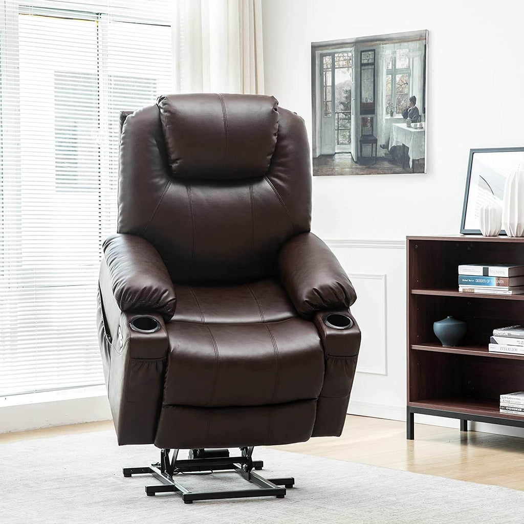 Allgoodsmarketstore Electric Power Recliner Lift Chair Faux Leather Electric Recliner for Elderly, Heated Vibration Massage Sofa with Side Pockets, USB Charge Port & Remote Control(Brown)