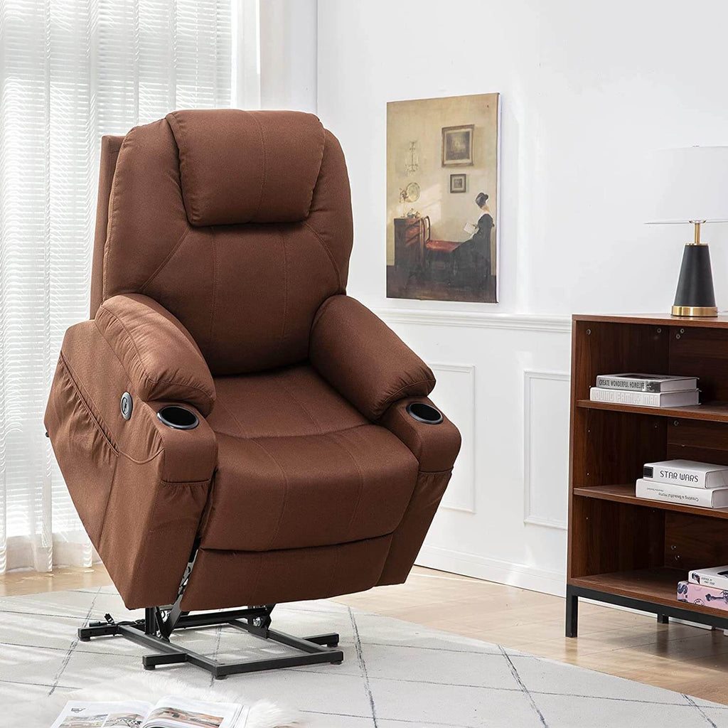 Allgoodsmarketstore Electric Power Recliner Lift Chair Fabric Electric Recliner for Elderly, Heated Vibration Massage Sofa with Side Pockets, USB Charge Port & Remote Control(Coffee)