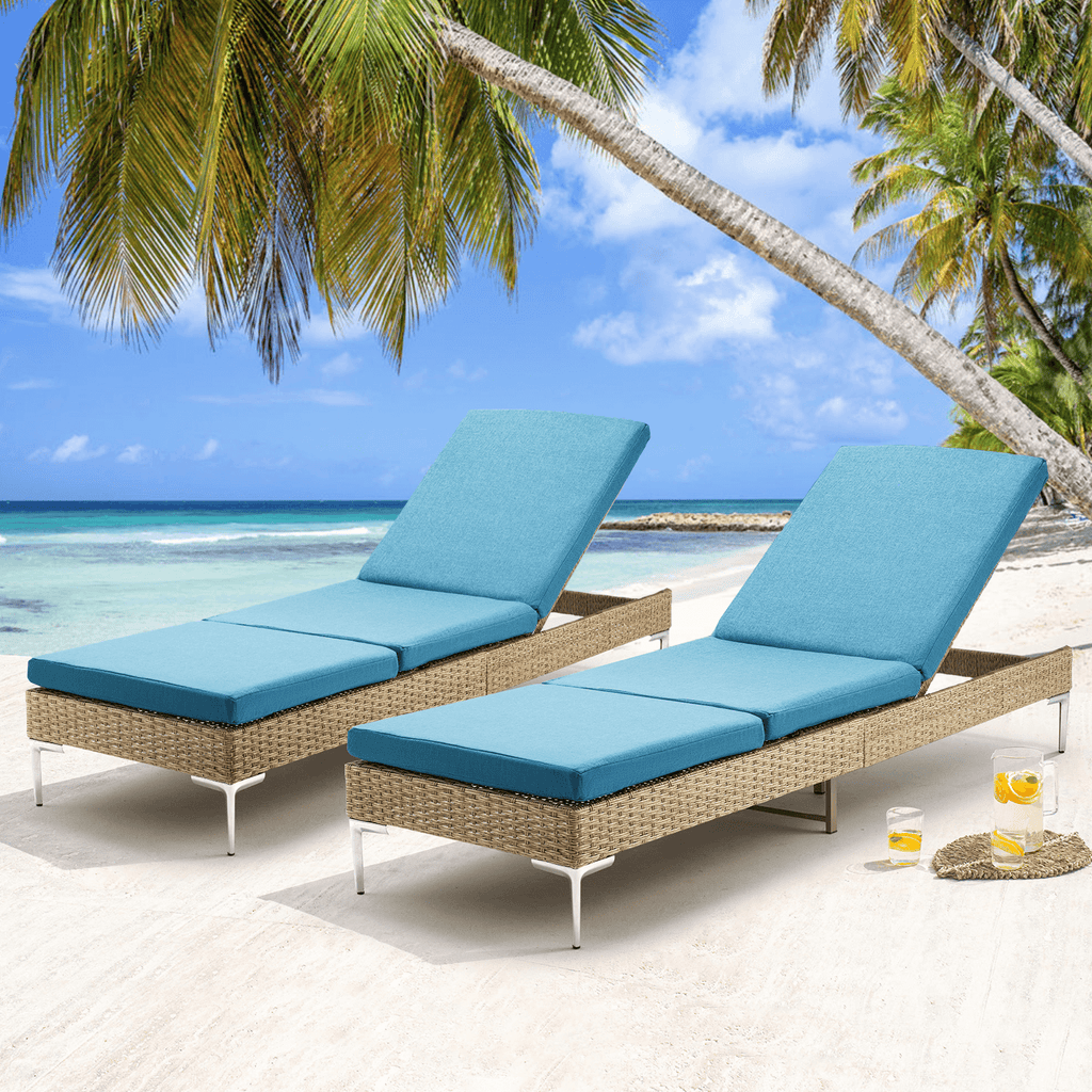 Allgoodsmarketstore 2PCS Patio Rattan Chaise Lounge Chair Outdoor Wicker Recliner Thickened Cushion Stepless Adjustable with Gas Cylinder  (Blue)